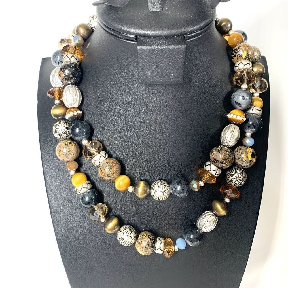 Juicy Couture Double Strand Mixed Stone Beaded Necklace Earth Tones 8" Drop